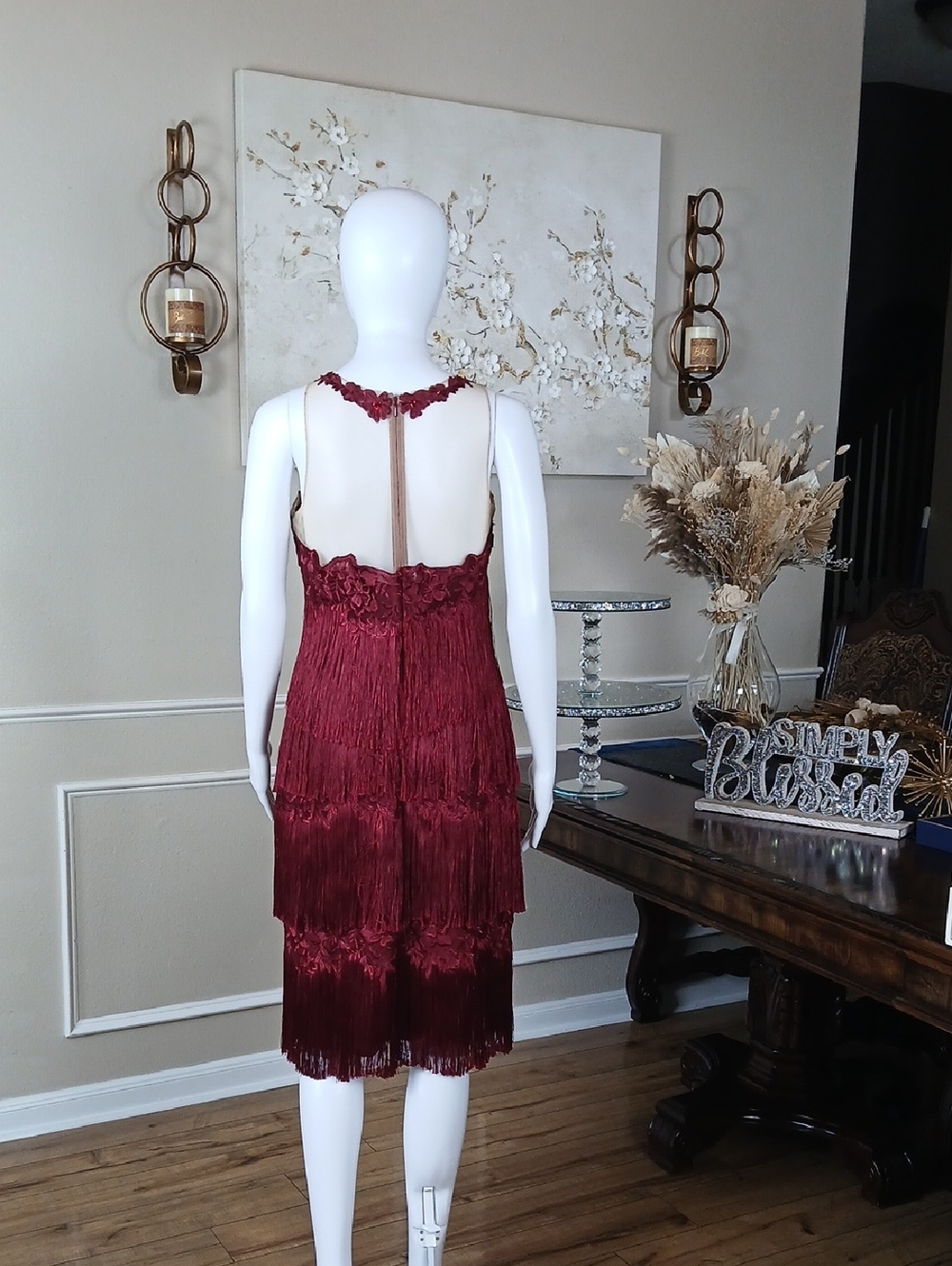 New Women's Fringed Wine Embroidered Cocktail Dress By Marchesa Notte. Size 2 - Picture 10 of 16